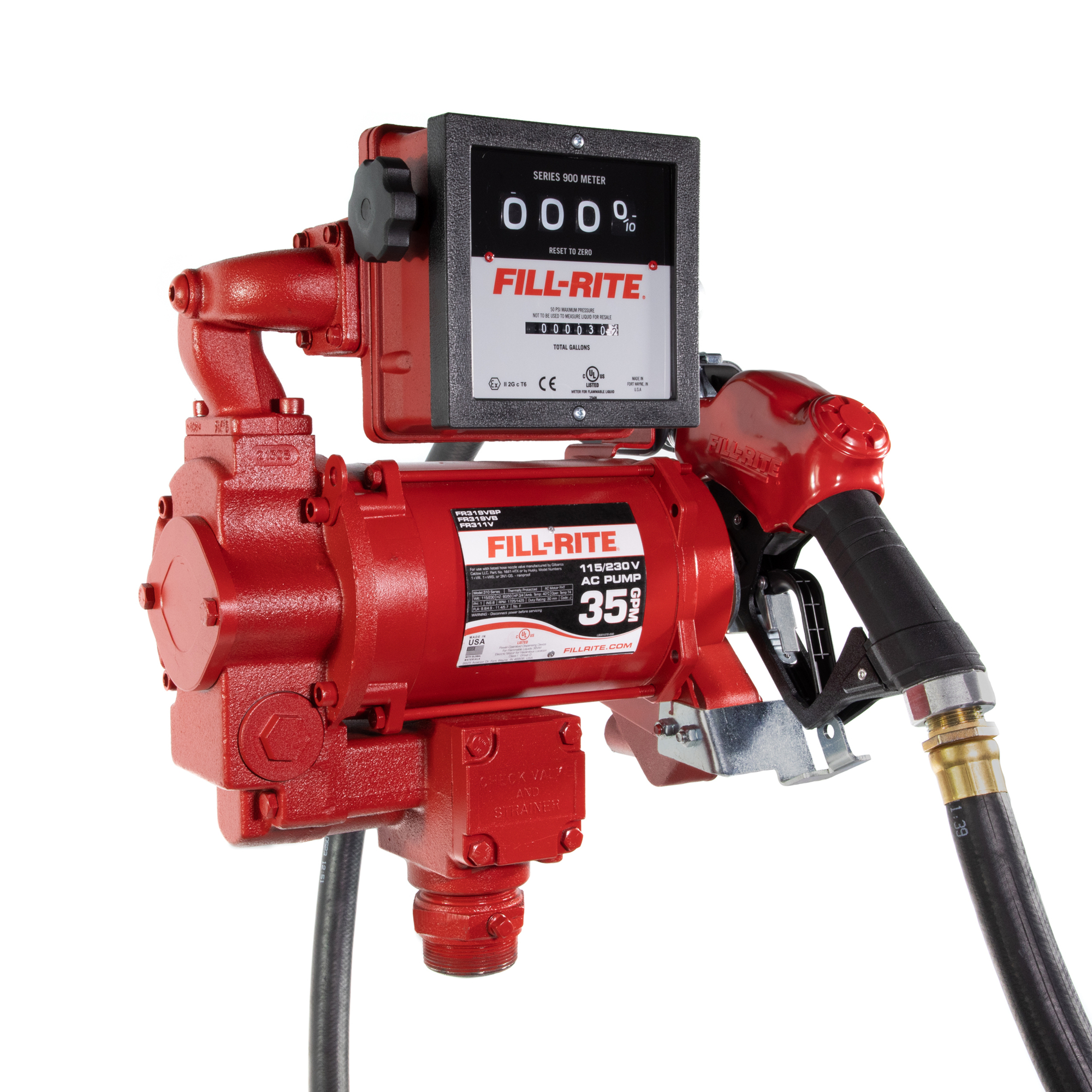 Fill-Rite Fuel Transfer Pump with High-Flow Nozzle and Flow Meter, 35 GPM, 115/230V AC, Model# FR311VB